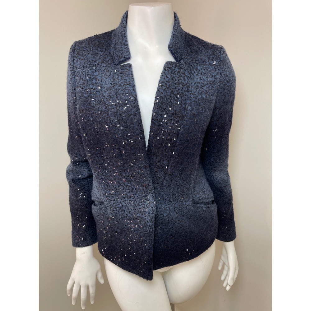 Milly Navy Blue Sequin Wool Blend Blazer Jacket Size 6 Festive Holidays Party